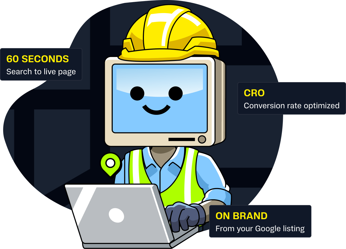 Tradie mascot working on a laptop, surrounded by badges for fast delivery, conversion rate optimization, and SEO
